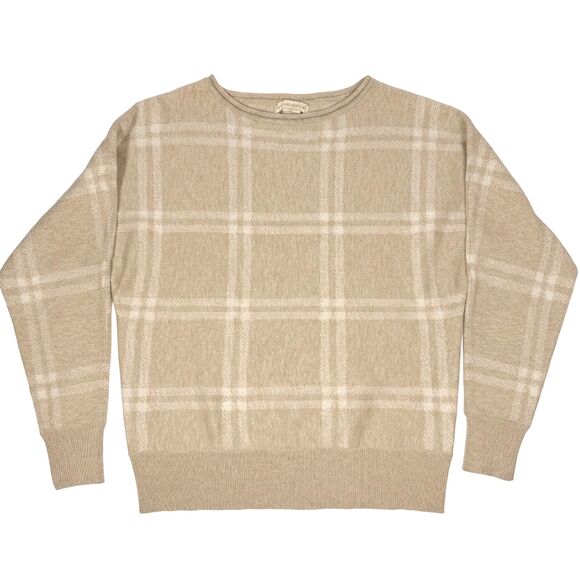 Cynthia Rowley Sweaters - Cynthia Rowley Beige White Plaid Check Oversized Knit Crewneck Sweater Neutral